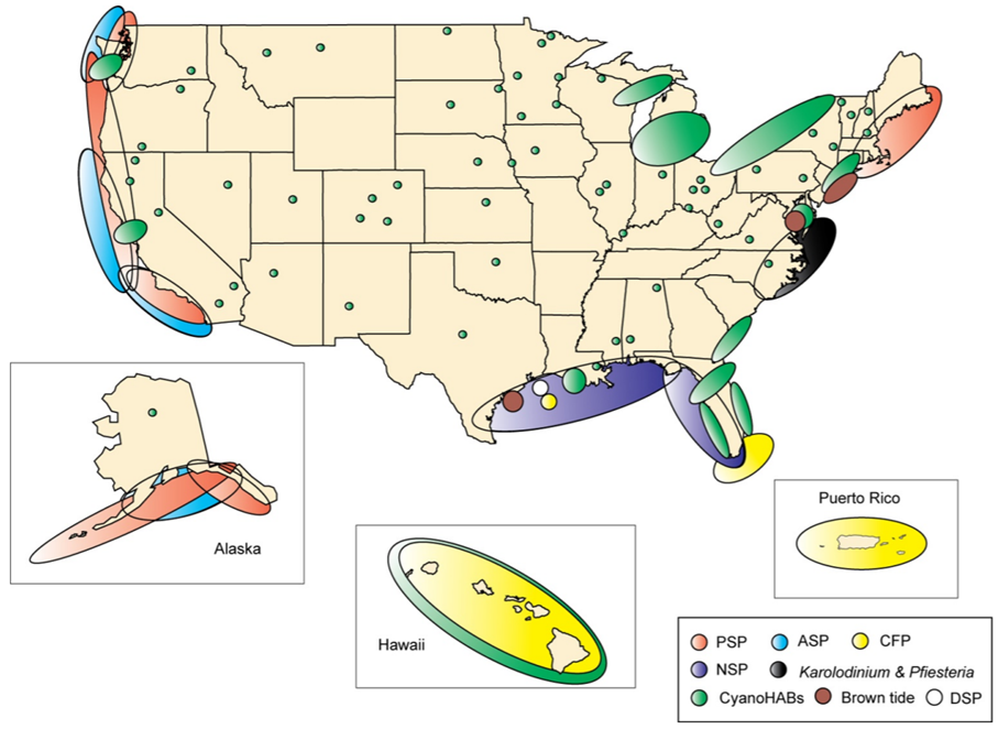 HAB species and the respective locations where they commonly occur